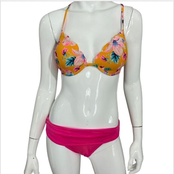 Shade & Shore/VS Pink and Yellow Tropical print bikini - 34C/S‎ - Picture 1 of 14